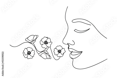Woman smelling flowers continuous line art minimalist drawing