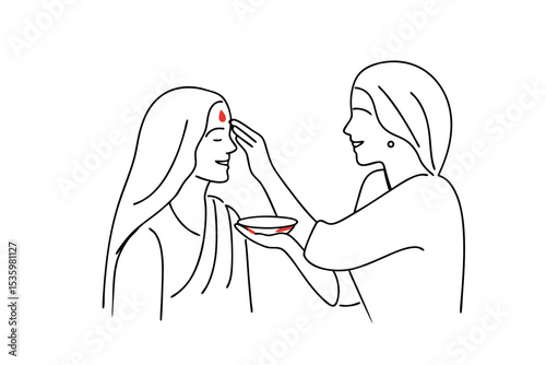 Woman applying tilak continuous line art indian culture tradition