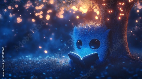 A whimsical creature reading a book under a glowing tree in a magical, enchanting nighttime setting.
