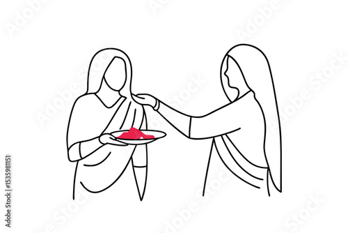 Two women in sarees sharing a plate of red powder continuous line art