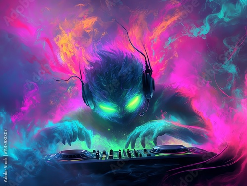 A vibrant and surreal depiction of a DJ surrounded by colorful smoke and ethereal energy, creating an electrifying atmosphere.
