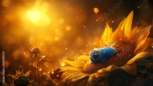 A vibrant sunflower basking in golden sunlight, adorned with dew drops and a blue creature enhancing its beauty.