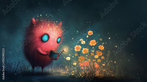 A whimsical creature tending to glowing flowers in a mystical forest setting, embodying joy and creativity.