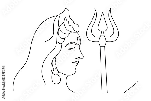 Continuous line art drawing of hindu goddess parvati with trishul