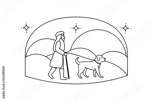 Old man walking dog continuous line art hilly landscape