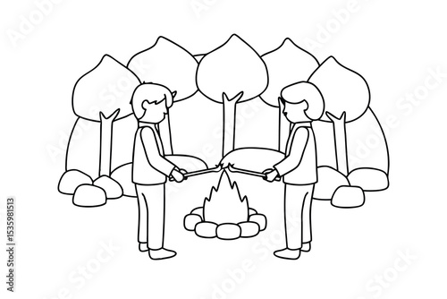 Two boys roasting marshmallows over campfire continuous line art