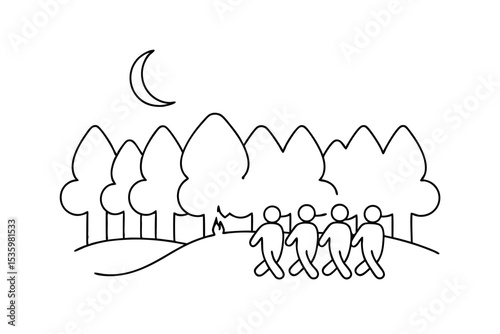 Continuous line art walking friends night forest scene