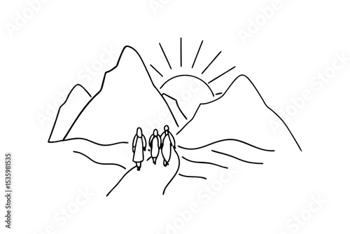 Three figures walking towards sunrise over mountains continuous line art