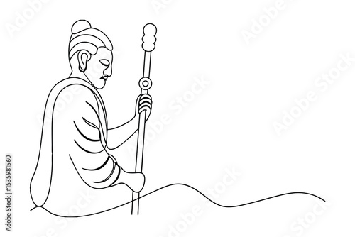 Serene buddha continuous line art peaceful monk holding staff
