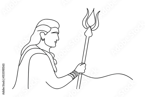 Continuous line art hindu god holding trishul