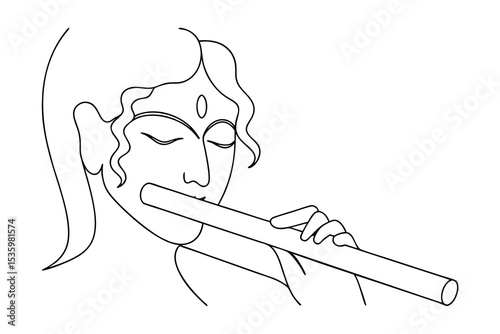 Continuous line art krishna playing flute indian god