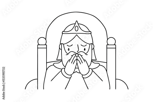 Sad king on throne continuous line art illustration