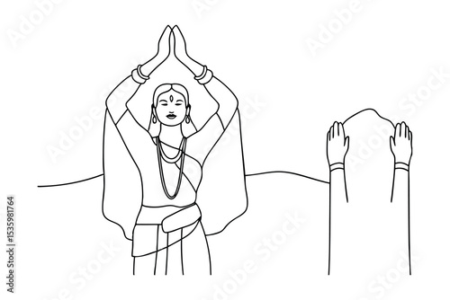 Woman in traditional indian clothing performing namaste continuous line art