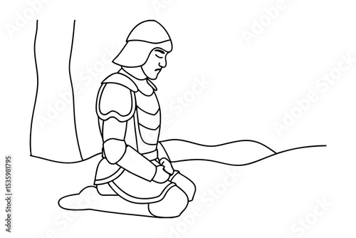 A knight kneeling in continuous line art style