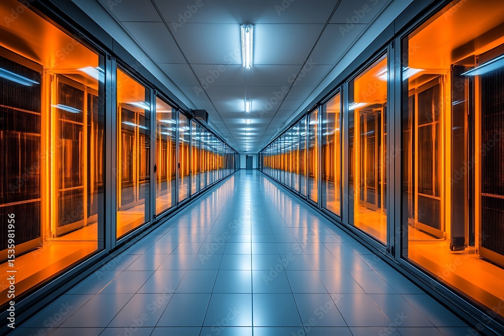 Fototapeta premium Illuminated Data Center Corridor with Servers and Cold Aisle Containment