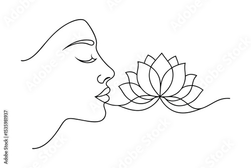 Woman's face and lotus flower continuous line art minimalist drawing