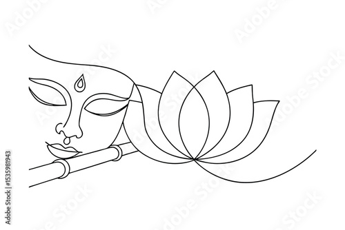 Serene krishna continuous line art flute lotus flower