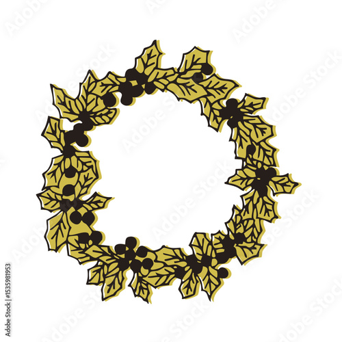 Classic holly wreath illustration｜柊のリース、クラシックな雰囲気のイラスト