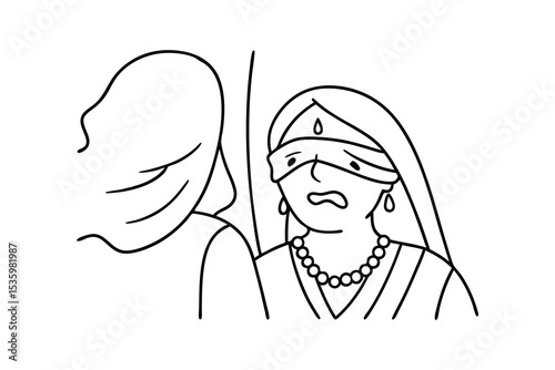 Woman blindfolded crying continuous line art drawing