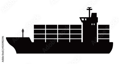 Container ship, cargo vessel vector illustration. Marine logo element. Ocean and water themed icon, decoration. Silhouette design.