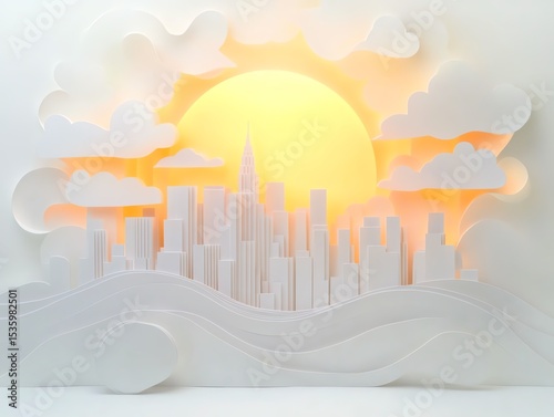 A stunning paper-cut city skyline silhouette against a warm sunset background, evoking creativity and artistic expression.