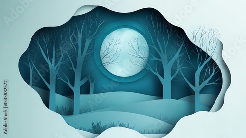 A serene winter landscape with a large moon surrounded by bare trees, creating an enchanting atmosphere.