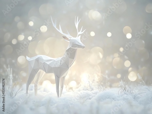 A serene white deer stands in a snowy landscape, surrounded by soft bokeh lights, creating a magical atmosphere.