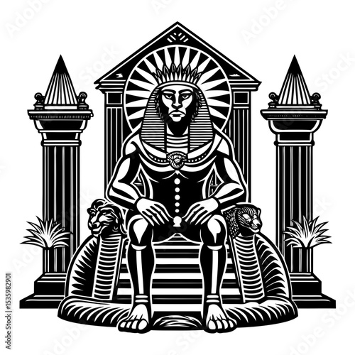 
A stoic pharaoh, adorned with regal Egyptian attire and a radiating crown, sits majestically on a throne flanked by two sphinxes and monumental columns.