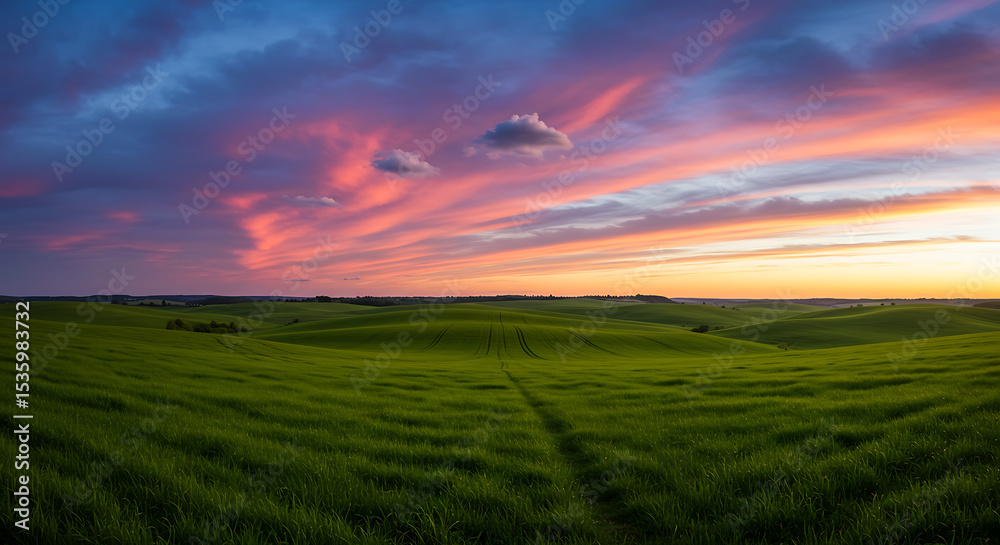 Expansive green field under a dramatic, colorful sunset sky. A serene and beautiful rural landscape showing the beauty of nature at dusk.
Expansive green field under a dramatic, colorful sunset sky. A serene and beautiful rural landscape showing the beauty of nature at dusk.