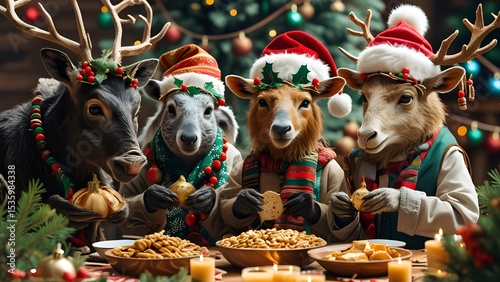 Festive animals enjoy a Christmas feast magical holiday spirit