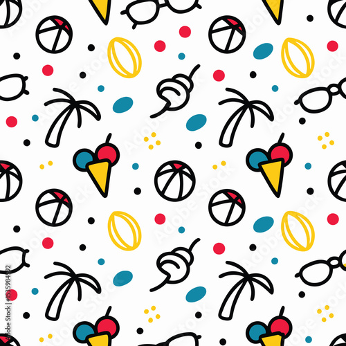 Summery doodle pattern featuring ice cream, beach balls, palm trees, and sunglasses