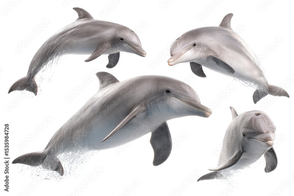 Fototapeta premium Realistic dolphin illustration, graceful aquatic mammals in dynamic swimming and leaping pose isolated on white background