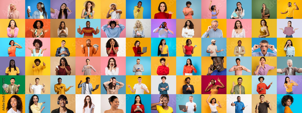 Naklejka premium A vibrant collection features diverse individuals engaging in various activities, expressing emotions and lifestyles. The background is filled with bright colors, highlighting diversity.