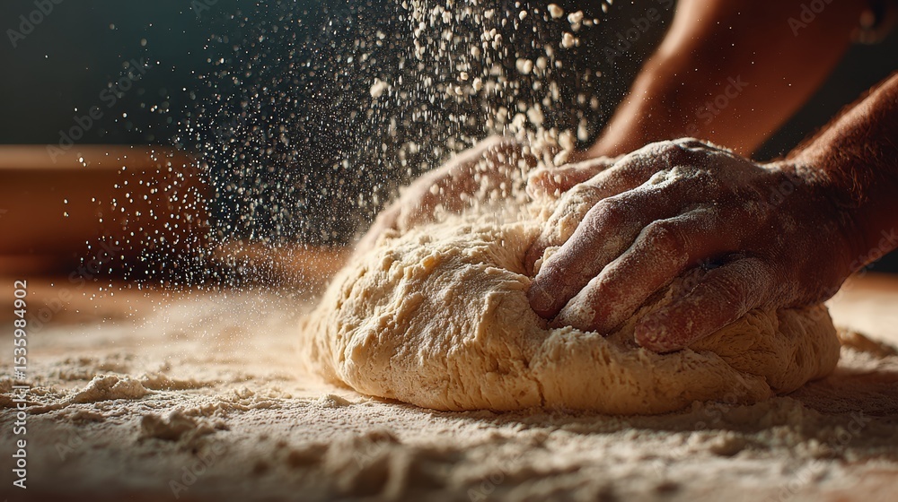 Fototapeta premium Hands kneading fresh dough on floured surface