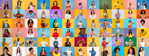 A vibrant collage of diverse individuals captures unique expressions and lifestyles. This multiethnic assembly celebrates unity and diversity against bright, colorful backgrounds.