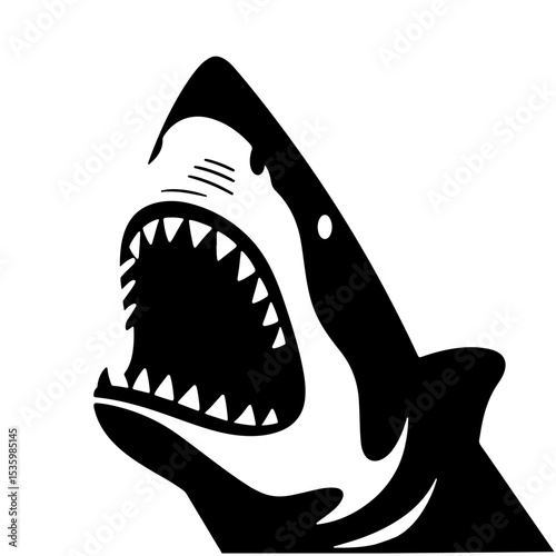 Black and white shark illustration, vector graphic, aggressive style