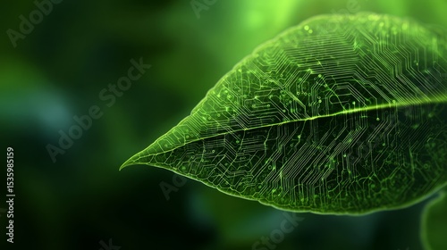 Green leaf with digital circuit overlay concept
