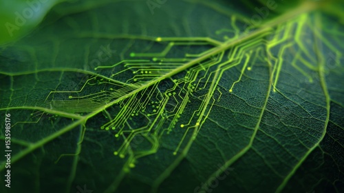 Green leaf with digital circuit overlay concept