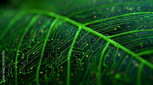Green leaf with digital circuit overlay concept