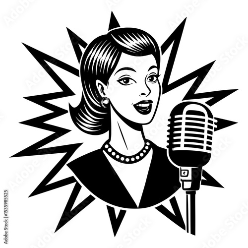 A retro-styled woman with a microphone emits a starburst of sound, symbolizing broadcasting, public speaking, or a strong voice.
