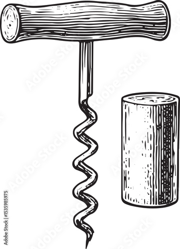 Vintage corkscrew sketch, a vital tool for opening wine bottles, blending functionality with classic design, reflecting the tradition of wine enjoyment and winery culture