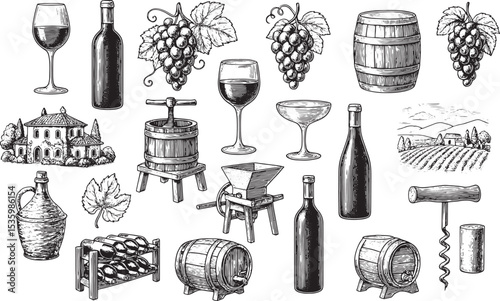 Vintage illustration showcasing wine-making process with grapes, wine bottles, glasses, barrels, vineyard landscapes, corkscrews, and farm equipment, capturing the essence of traditional winemaking 
