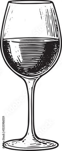 Vintage sketch of a wine glass filled with red wine, featuring elegant curves and rich liquid, symbolizing sophistication and the enjoyment of winemaking tradition