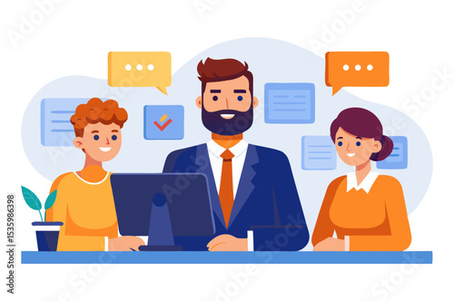 A confident bearded businessman leads a meeting with two colleagues, surrounded by speech bubbles and task-related icons, signifying communication and productivity.