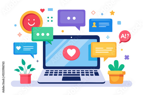 A laptop displays a heart icon surrounded by various colorful communication and social media icons, symbolizing online interaction and digital connection.