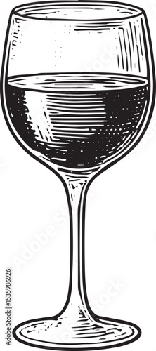 Vintage sketch of a wine glass filled with red wine, featuring elegant curves and rich liquid, symbolizing sophistication and the enjoyment of winemaking tradition
