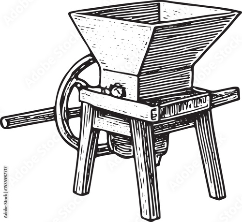 Vintage illustration of a wooden manual grinder, a traditional tool for crushing grapes in winemaking, showcasing rustic farming techniques and heritage in vineyard processing