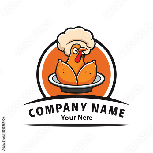 Cartoon chicken chef logo with food, likely a restaurant