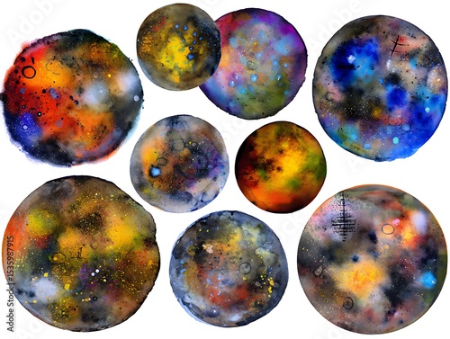 Colorful, abstract planets arranged in a group.