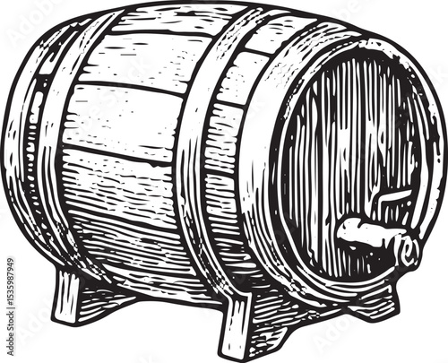Rustic wooden barrel illustration, central to wine aging and storage, depicting traditional craftsmanship and the essence of winery cellars in a vintage style